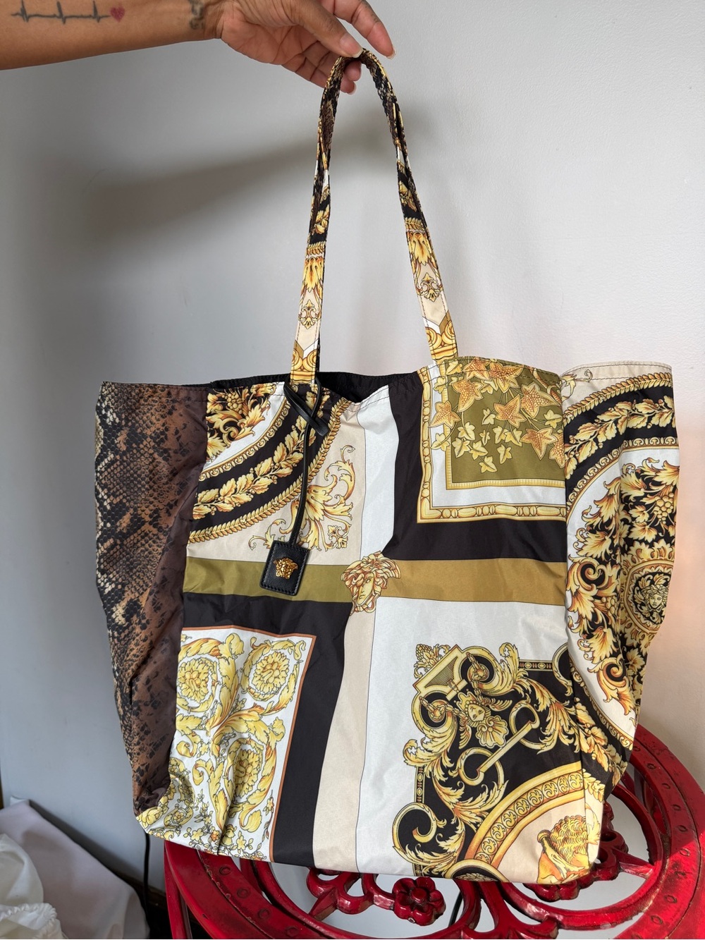Versace Baroque Patchwork Tote in Gold, Black & Cream